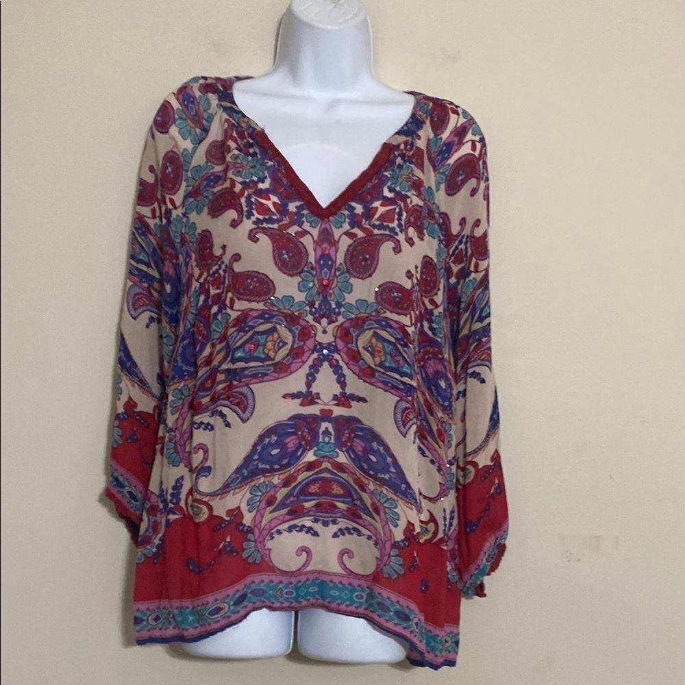Bila Paisley Print V-Neck Top blouse women XL pull on casual beach festival boho
